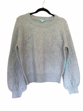 Draper James Light Blue Coquette Cable-Knit Crewneck Sweater Embroidered Floral